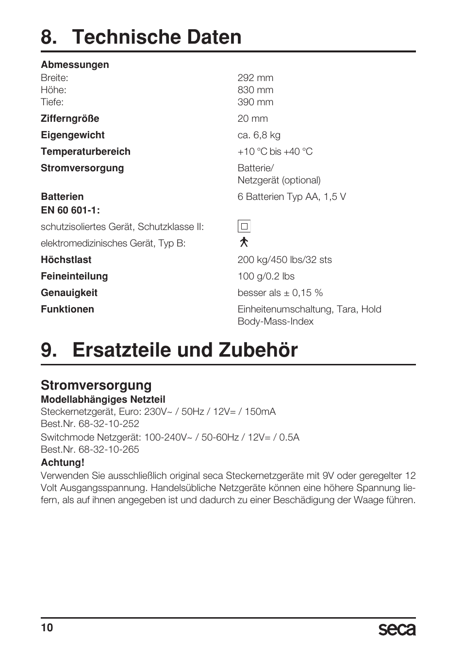 Technische daten, Ersatzteile und zubehör, Stromversorgung | Seca 769 User Manual | Page 10 / 76