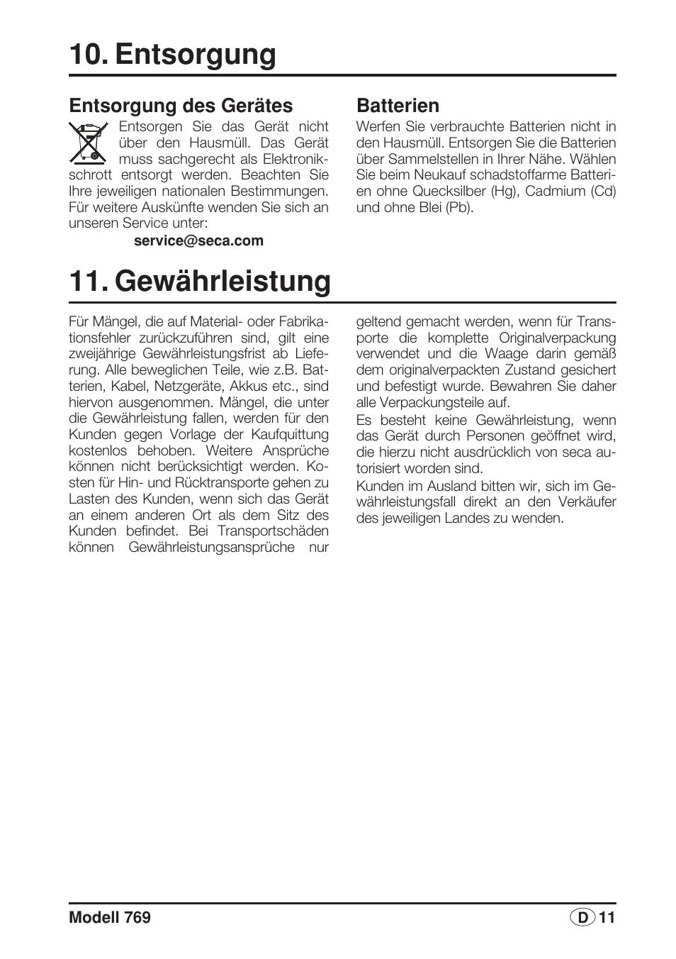 Entsorgung, Entsorgung des gerätes, Batterien | Gewährleistung | Seca 769 User Manual | Page 11 / 76