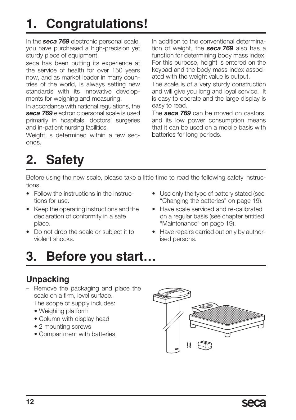 English, Congratulations, Safety | Before you start, Unpacking | Seca 769 User Manual | Page 12 / 76