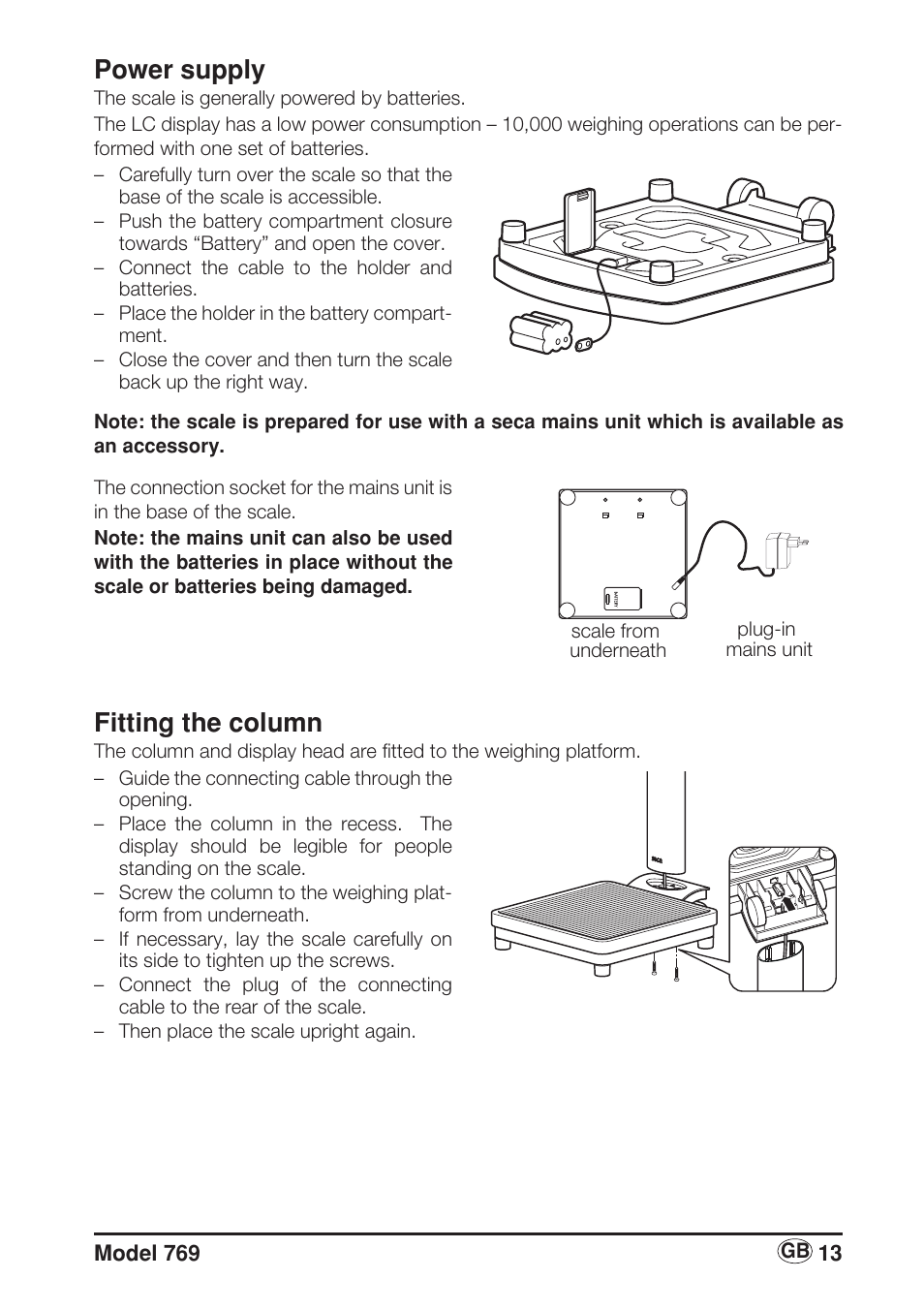 Power supply, Fitting the column | Seca 769 User Manual | Page 13 / 76