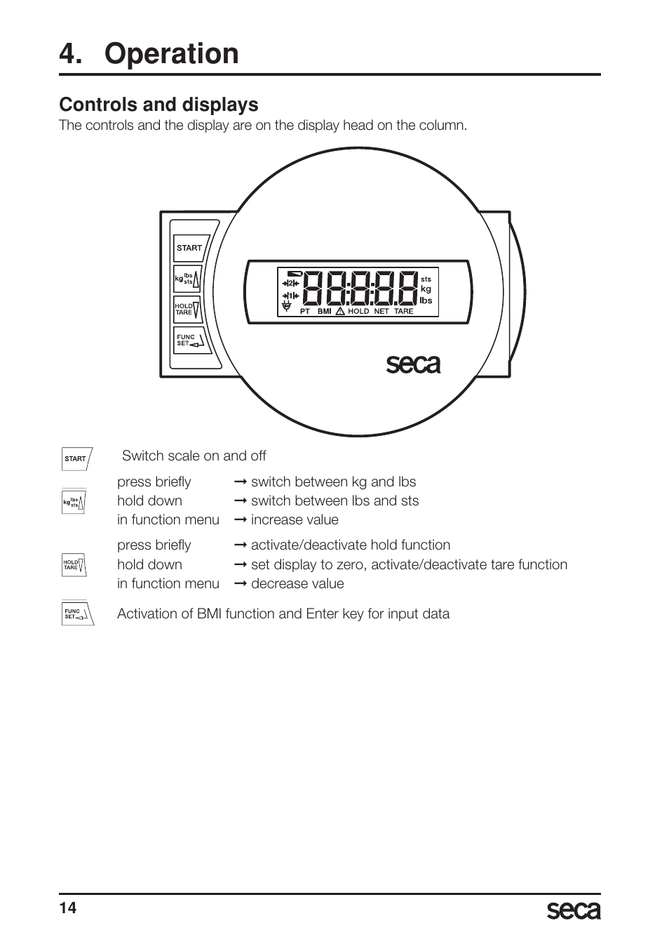 Operation, Controls and displays | Seca 769 User Manual | Page 14 / 76