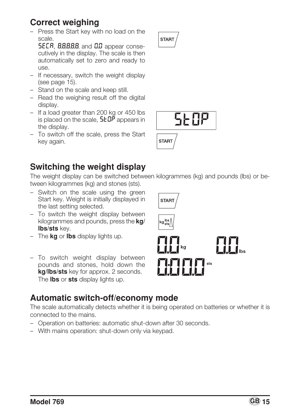 Correct weighing, Switching the weight display, Automatic switch-off/economy mode | Seca 769 User Manual | Page 15 / 76