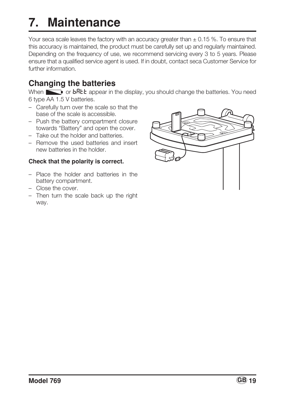 Maintenance, Changing the batteries | Seca 769 User Manual | Page 19 / 76