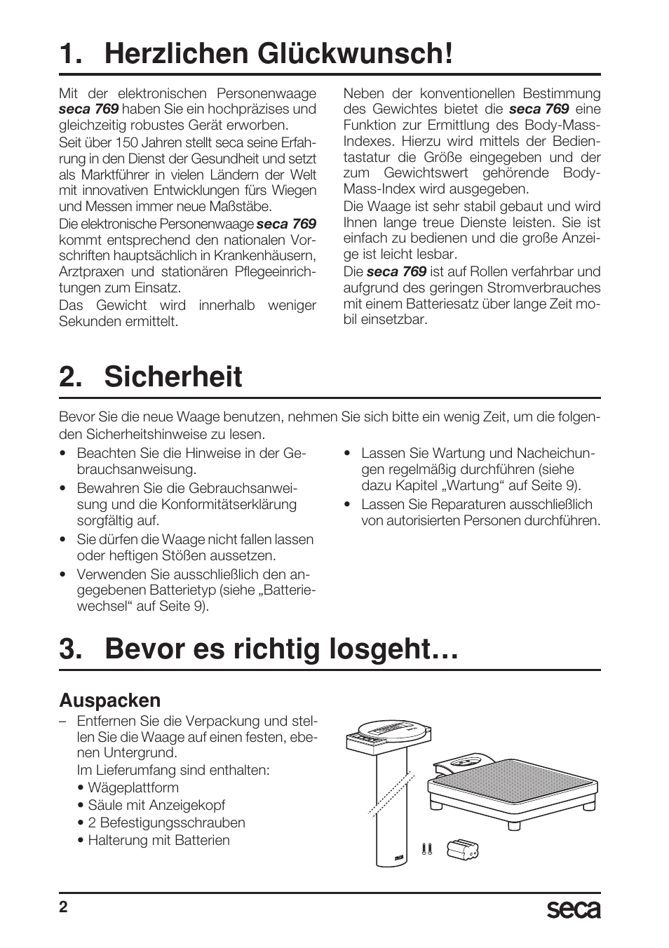 Deutsch, Herzlichen glückwunsch, Sicherheit | Bevor es richtig losgeht, Auspacken | Seca 769 User Manual | Page 2 / 76