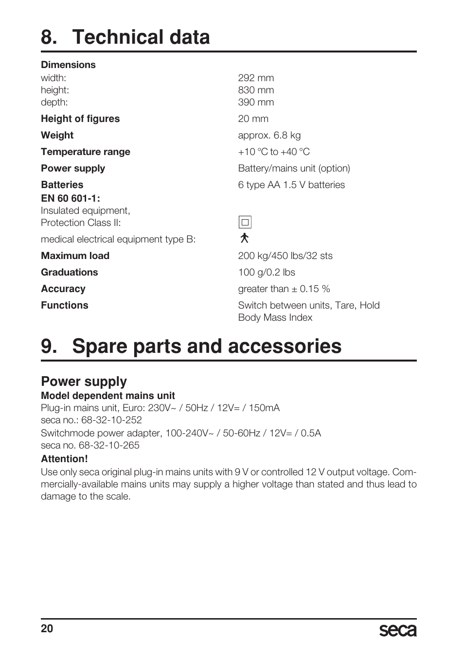 Technical data, Spare parts and accessories, Power supply | Seca 769 User Manual | Page 20 / 76