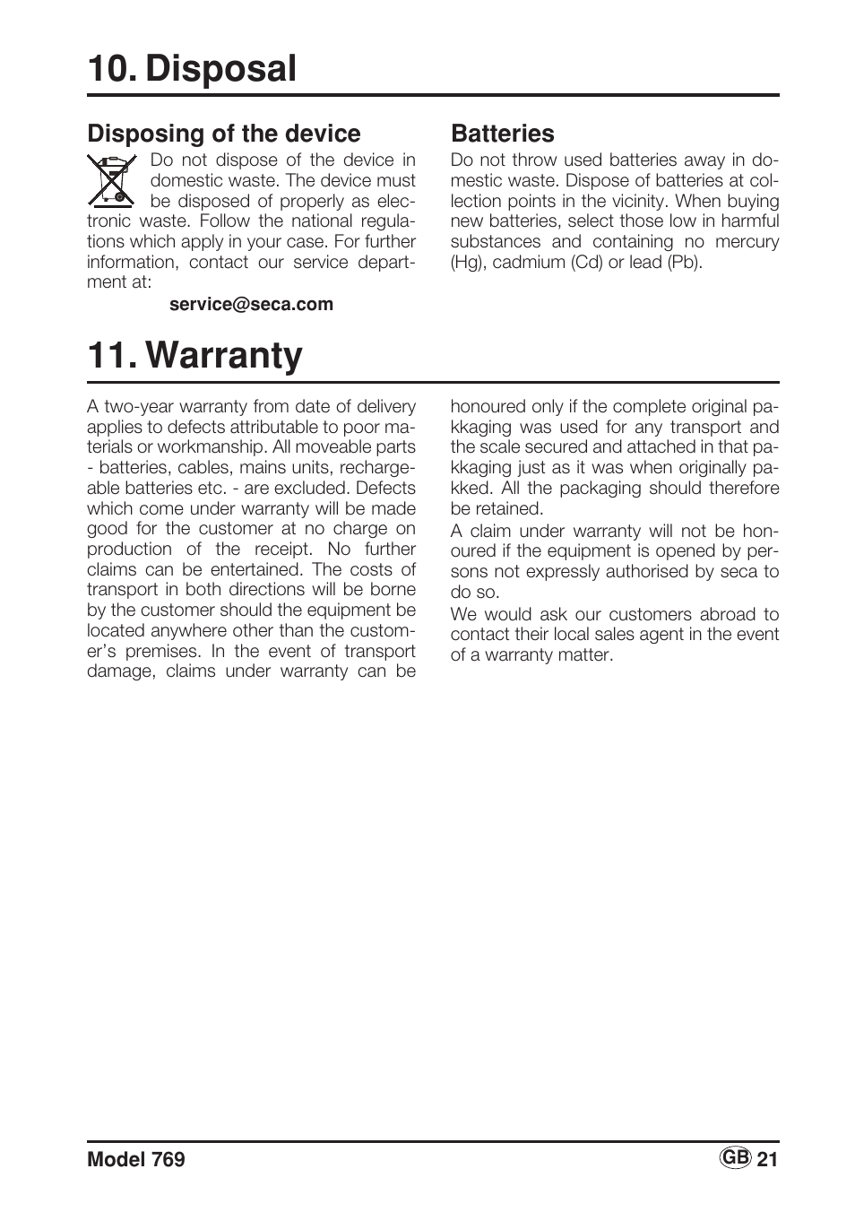 Disposal, Disposing of the device, Batteries | Warranty | Seca 769 User Manual | Page 21 / 76