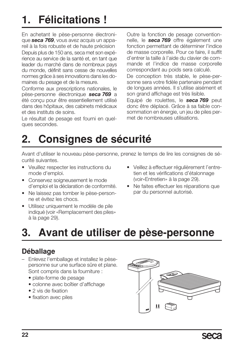 Français, Félicitations, Consignes de sécurité | Avant de utiliser de pèse-personne, Déballage | Seca 769 User Manual | Page 22 / 76