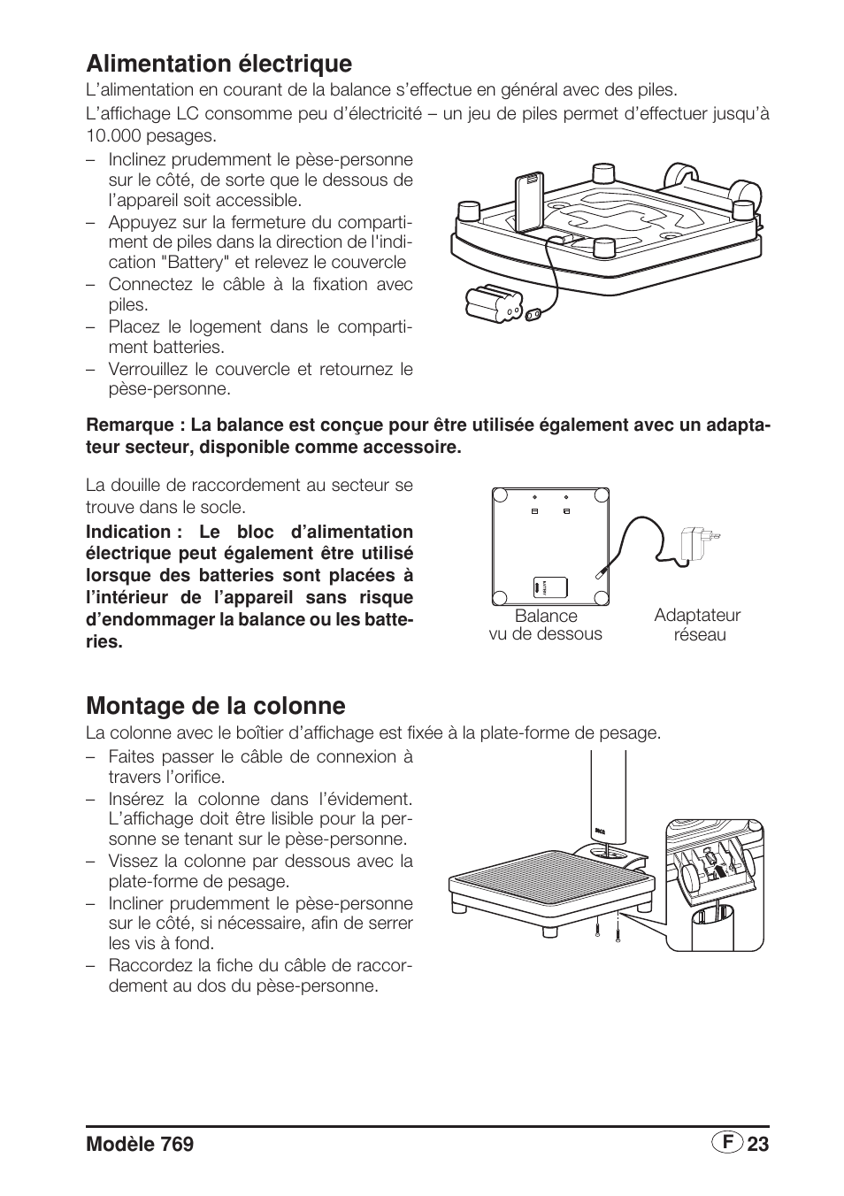 Alimentation électrique, Montage de la colonne | Seca 769 User Manual | Page 23 / 76