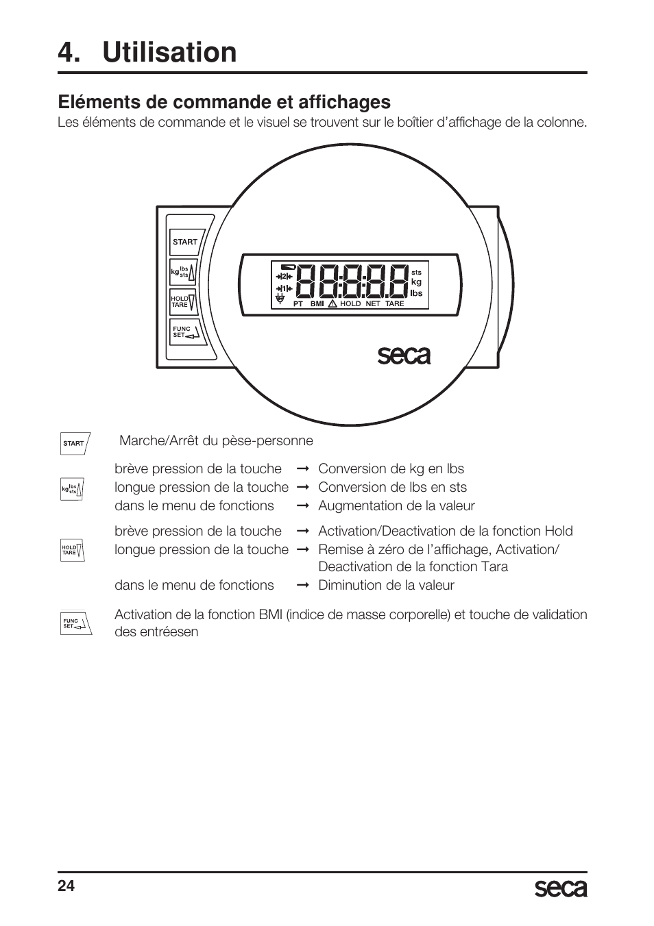Utilisation, Eléments de commande et affichages | Seca 769 User Manual | Page 24 / 76