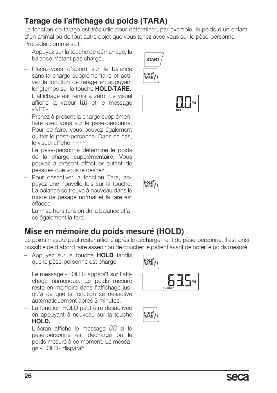 Tarage de l'affichage du poids (tara), Mise en mémoire du poids mesuré (hold) | Seca 769 User Manual | Page 26 / 76