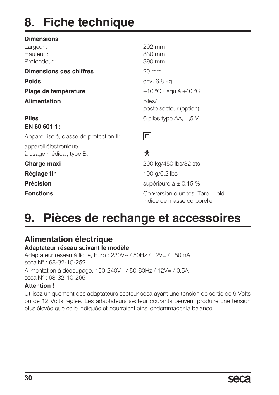Fiche technique, Pièces de rechange et accessoires, Alimentation électrique | Seca 769 User Manual | Page 30 / 76