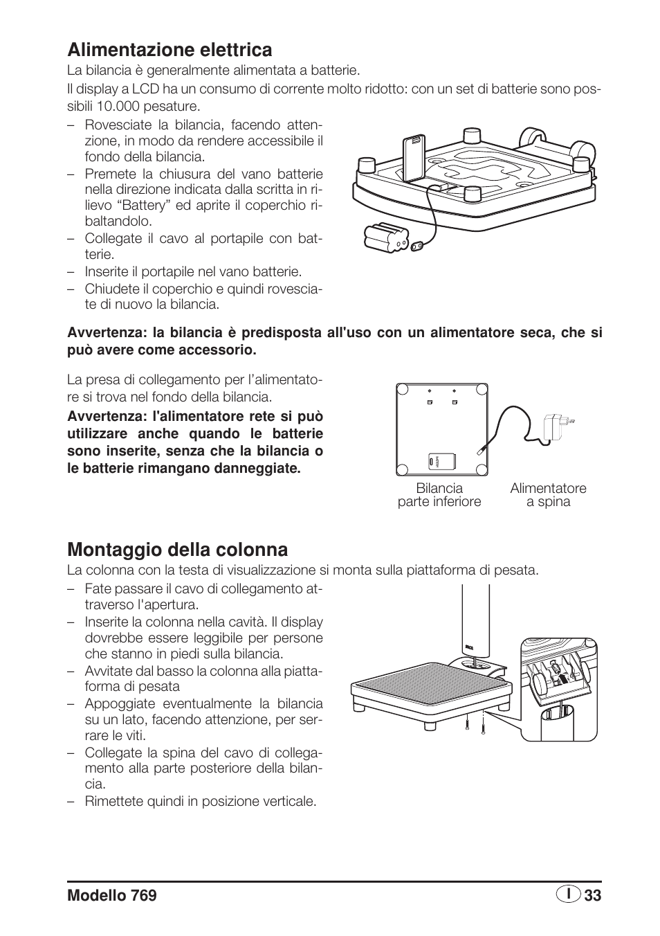 Alimentazione elettrica, Montaggio della colonna | Seca 769 User Manual | Page 33 / 76