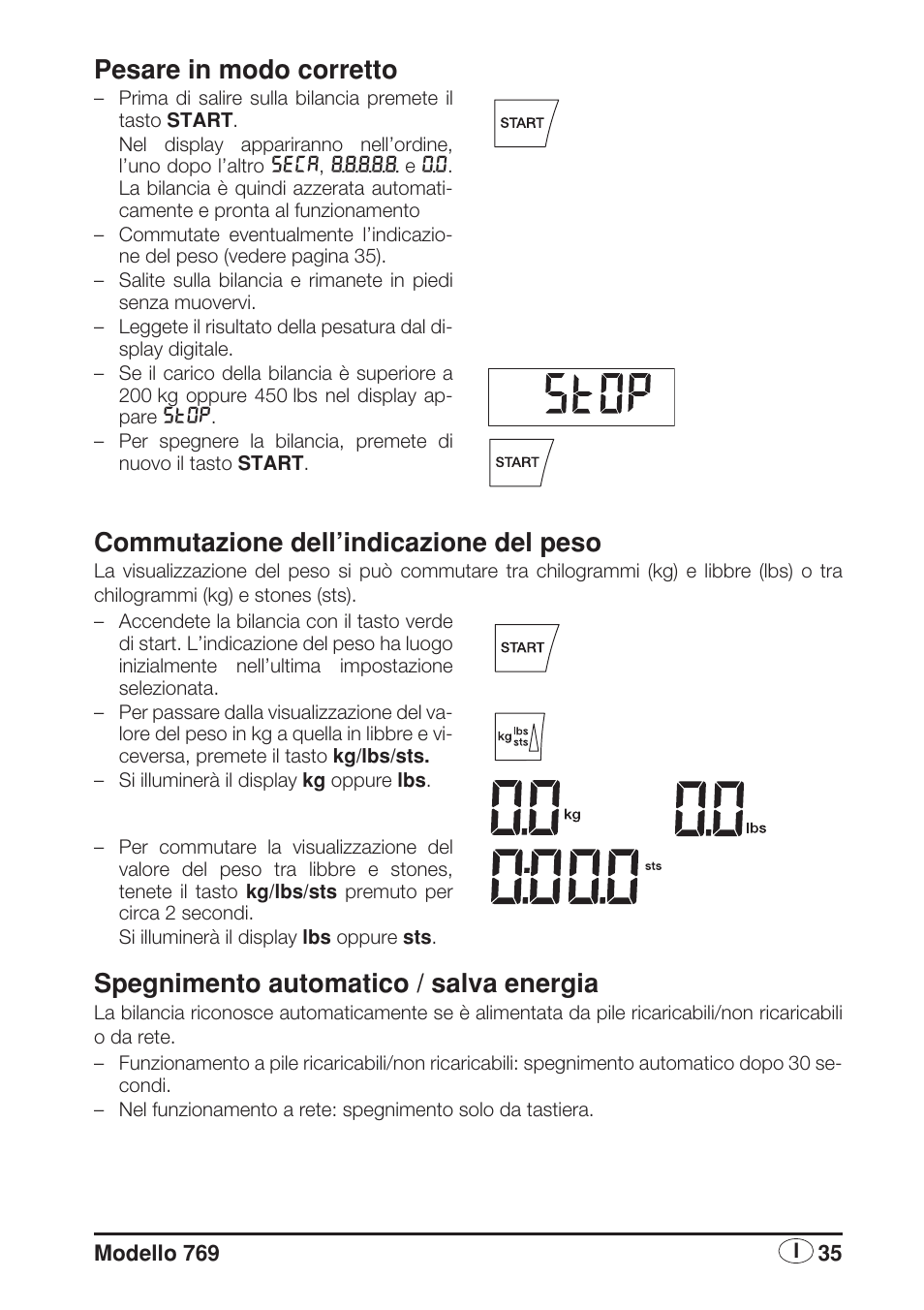 Pesare in modo corretto, Commutazione dell’indicazione del peso, Spegnimento automatico / salva energia | Seca 769 User Manual | Page 35 / 76