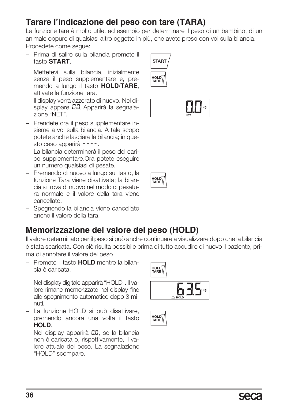 Tarare l’indicazione del peso con tare (tara), Memorizzazione del valore del peso (hold) | Seca 769 User Manual | Page 36 / 76