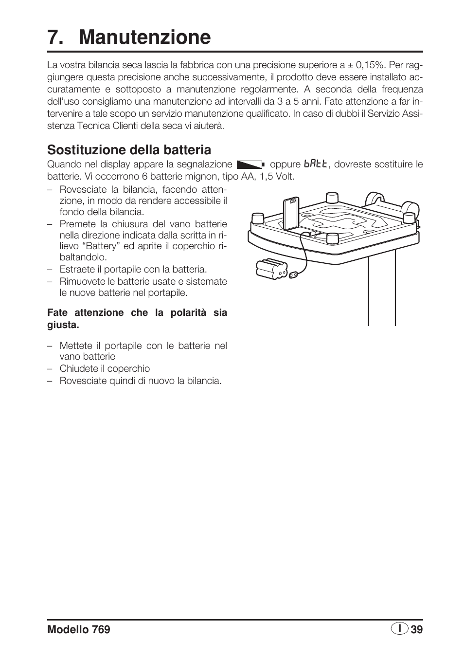 Manutenzione, Sostituzione della batteria | Seca 769 User Manual | Page 39 / 76
