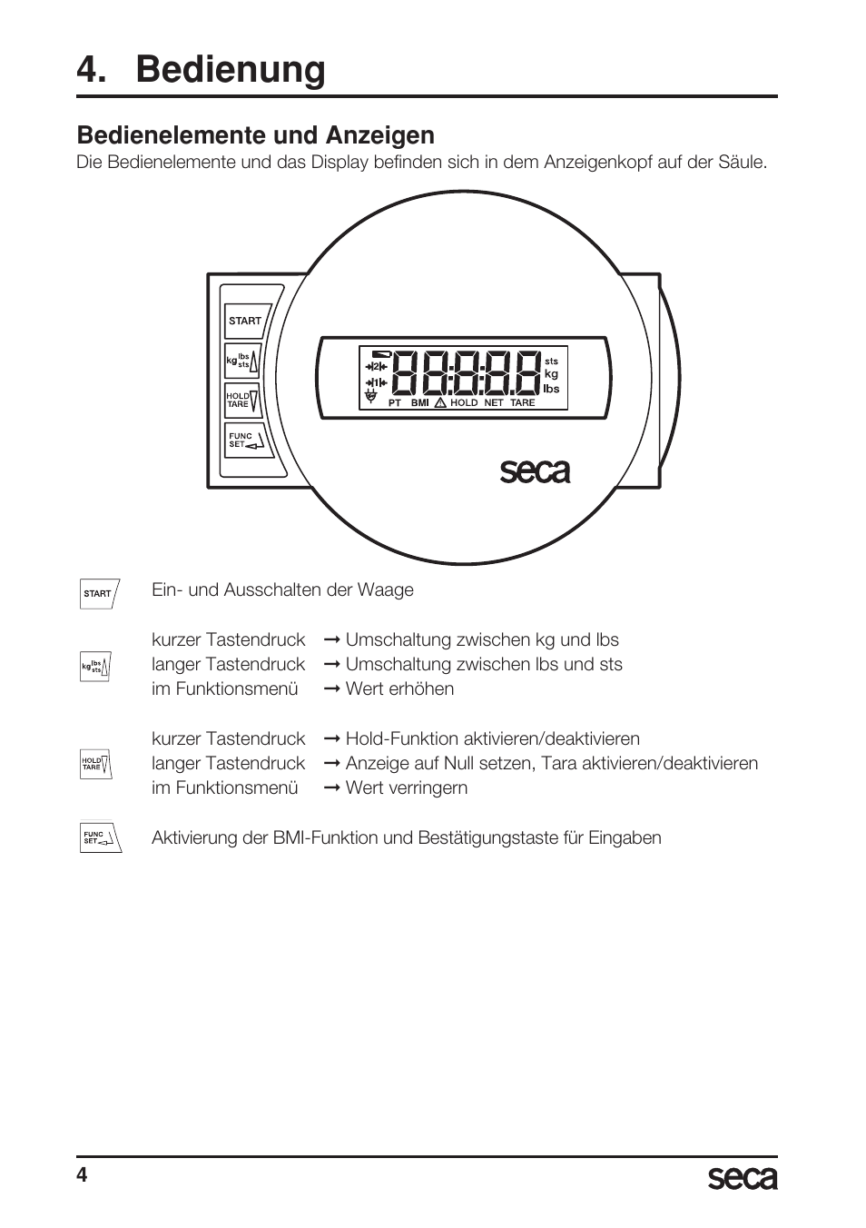 Bedienung, Bedienelemente und anzeigen | Seca 769 User Manual | Page 4 / 76