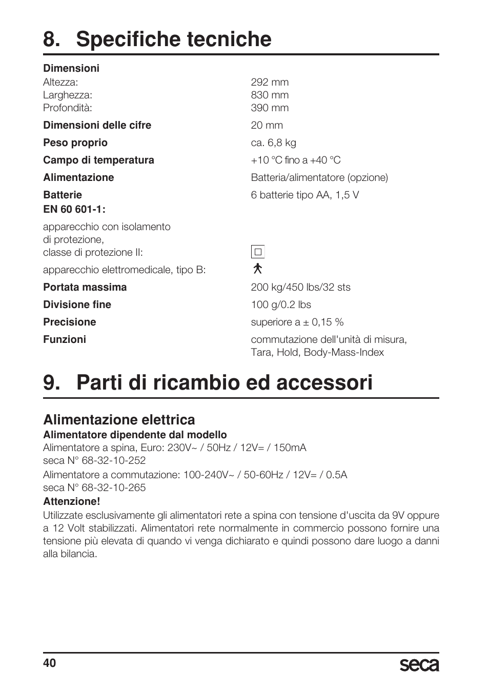 Specifiche tecniche, Parti di ricambio ed accessori, Alimentazione elettrica | Seca 769 User Manual | Page 40 / 76