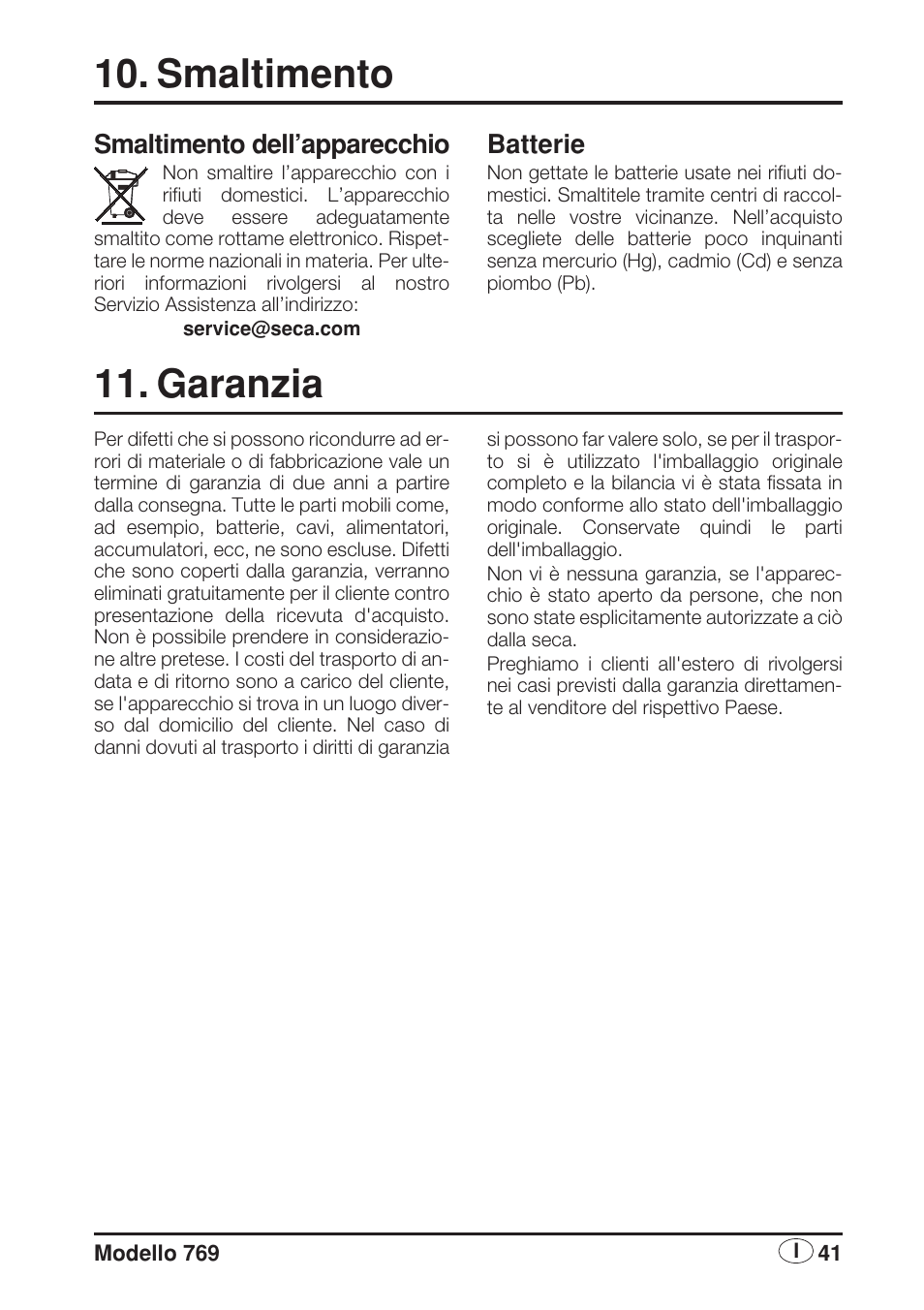 Smaltimento, Smaltimento dell’apparecchio, Batterie | Garanzia | Seca 769 User Manual | Page 41 / 76