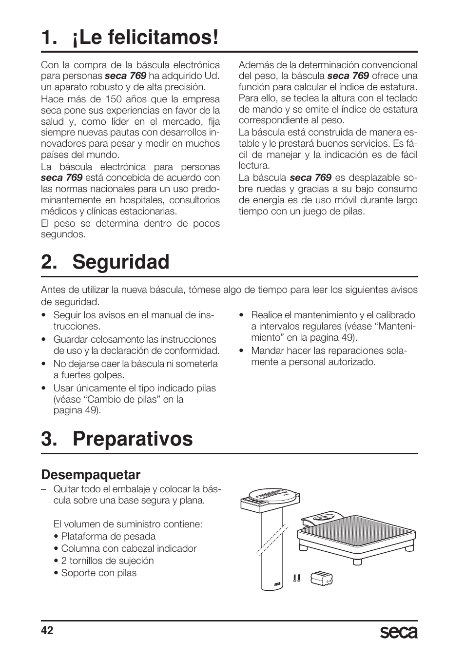 Español, ¡le felicitamos, Seguridad | Preparativos, Desempaquetar | Seca 769 User Manual | Page 42 / 76