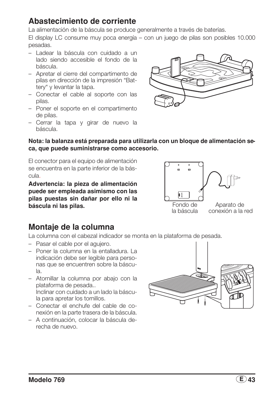 Abastecimiento de corriente, Montaje de la columna | Seca 769 User Manual | Page 43 / 76