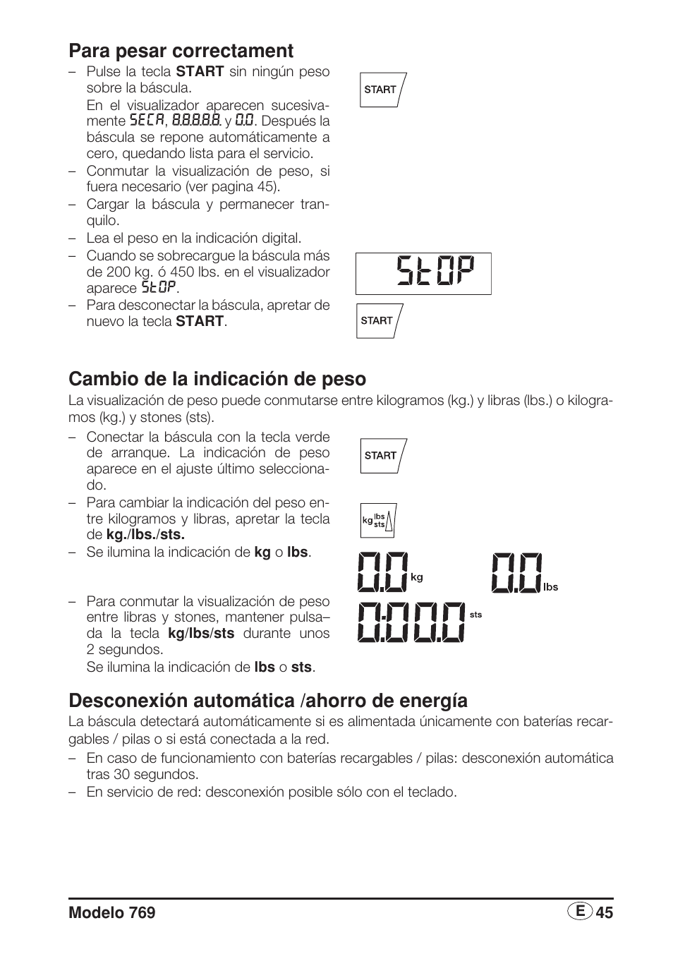 Para pesar correctament, Cambio de la indicación de peso, Desconexión automática /ahorro de energía | Seca 769 User Manual | Page 45 / 76