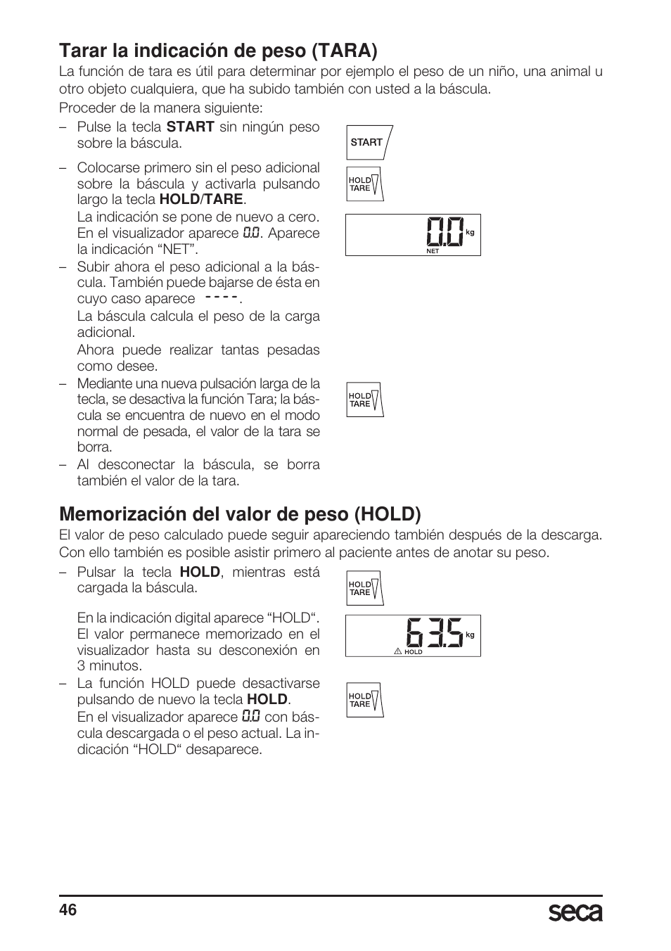 Tarar la indicación de peso (tara), Memorización del valor de peso (hold) | Seca 769 User Manual | Page 46 / 76