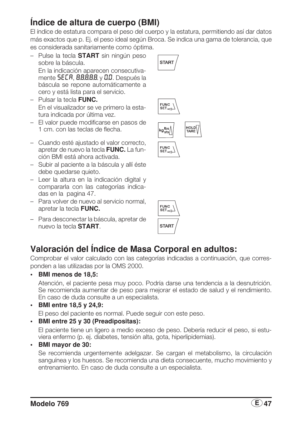 Índice de altura de cuerpo (bmi), Valoración del índice de masa corporal en adultos | Seca 769 User Manual | Page 47 / 76