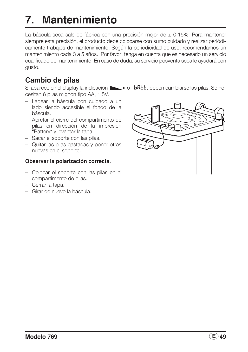 Mantenimiento, Cambio de pilas | Seca 769 User Manual | Page 49 / 76