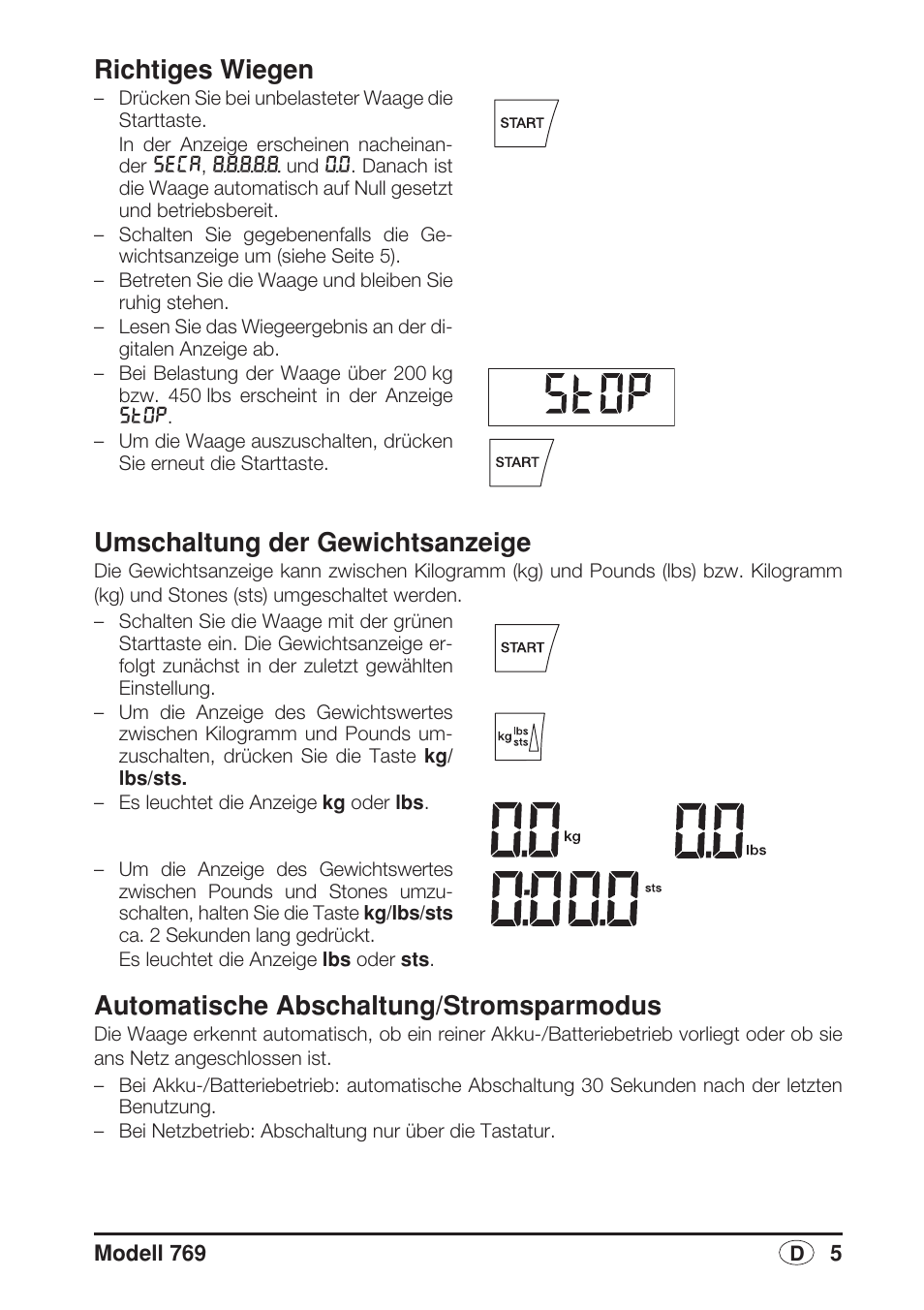 Richtiges wiegen, Umschaltung der gewichtsanzeige, Automatische abschaltung/stromsparmodus | Seca 769 User Manual | Page 5 / 76