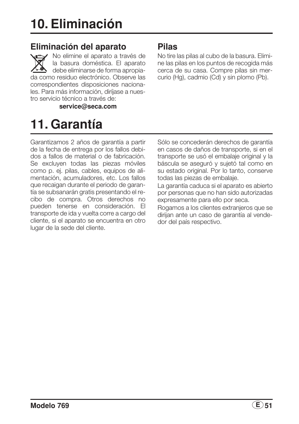Eliminación, Eliminación del aparato, Pilas | Garantía | Seca 769 User Manual | Page 51 / 76