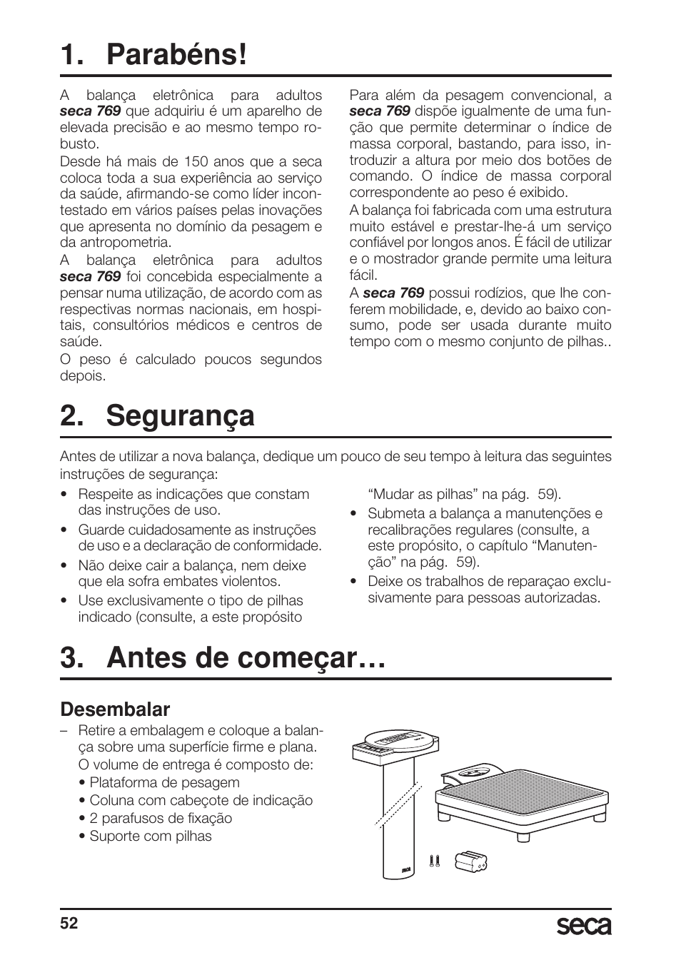 Português, Parabéns, Segurança | Antes de começar, Desembalar | Seca 769 User Manual | Page 52 / 76