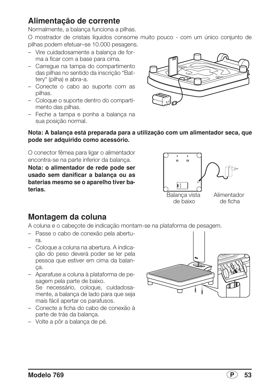 Alimentação de corrente, Montagem da coluna | Seca 769 User Manual | Page 53 / 76