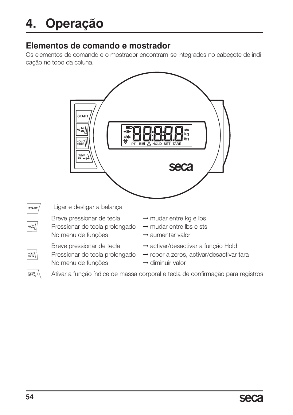 Operação, Elementos de comando e mostrador | Seca 769 User Manual | Page 54 / 76