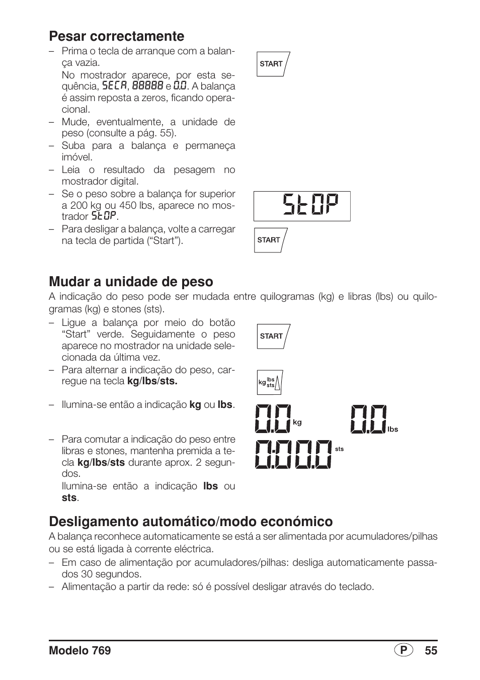 Pesar correctamente, Mudar a unidade de peso, Desligamento automático/modo económico | Seca 769 User Manual | Page 55 / 76