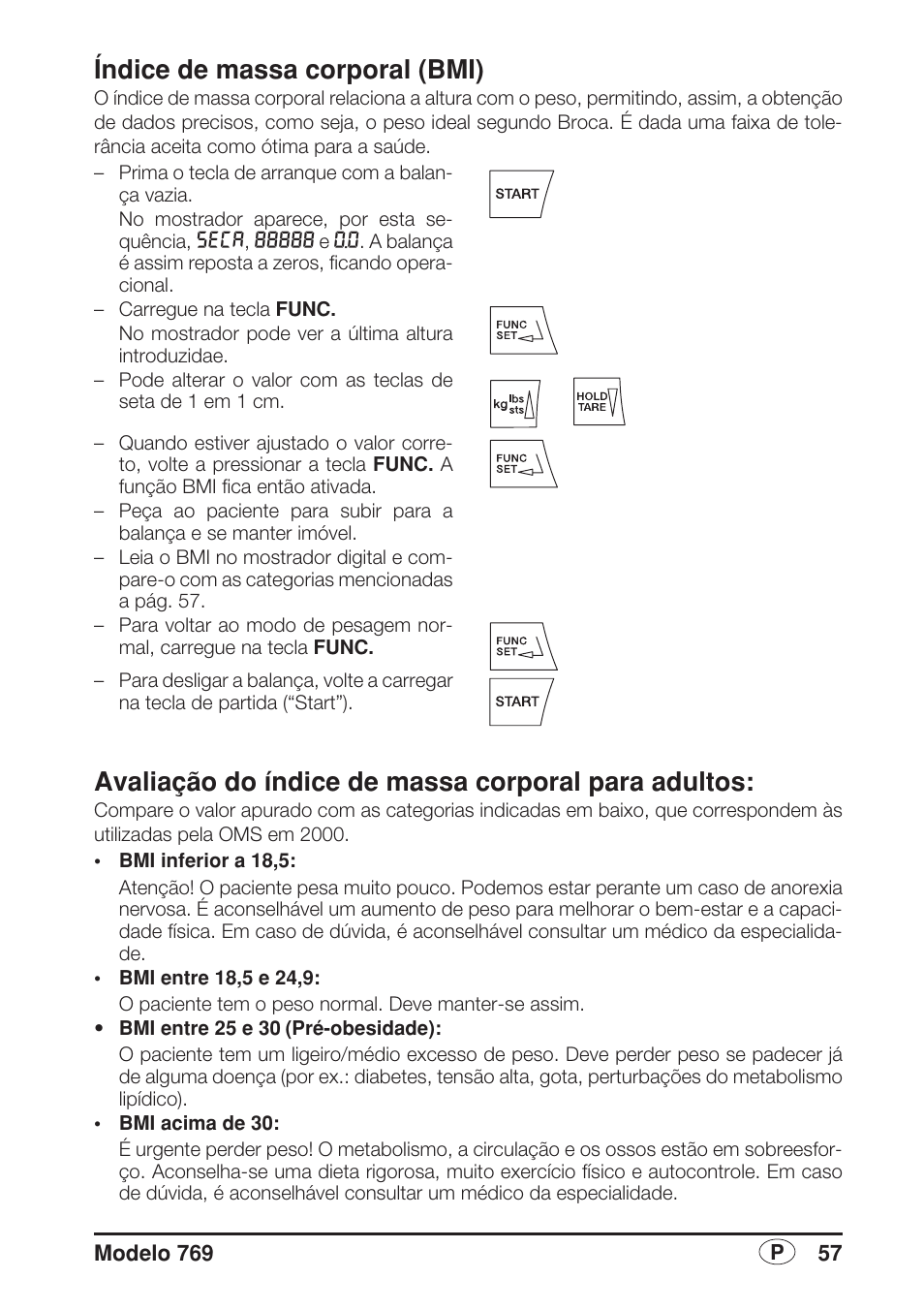 Índice de massa corporal (bmi), Avaliação do índice de massa corporal para adultos | Seca 769 User Manual | Page 57 / 76