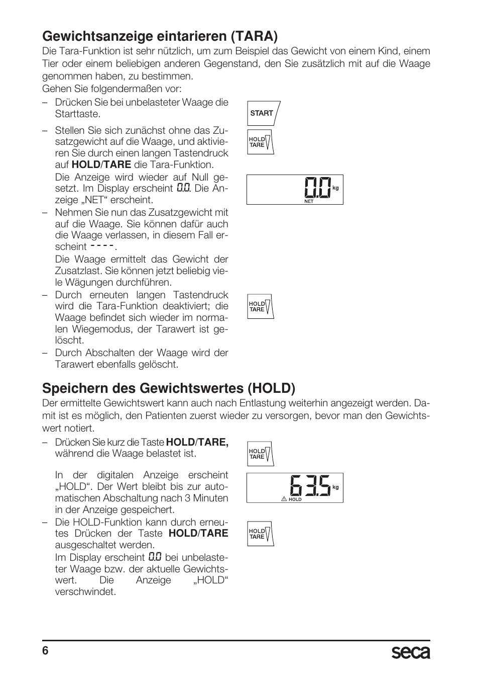 Gewichtsanzeige eintarieren (tara), Speichern des gewichtswertes (hold) | Seca 769 User Manual | Page 6 / 76