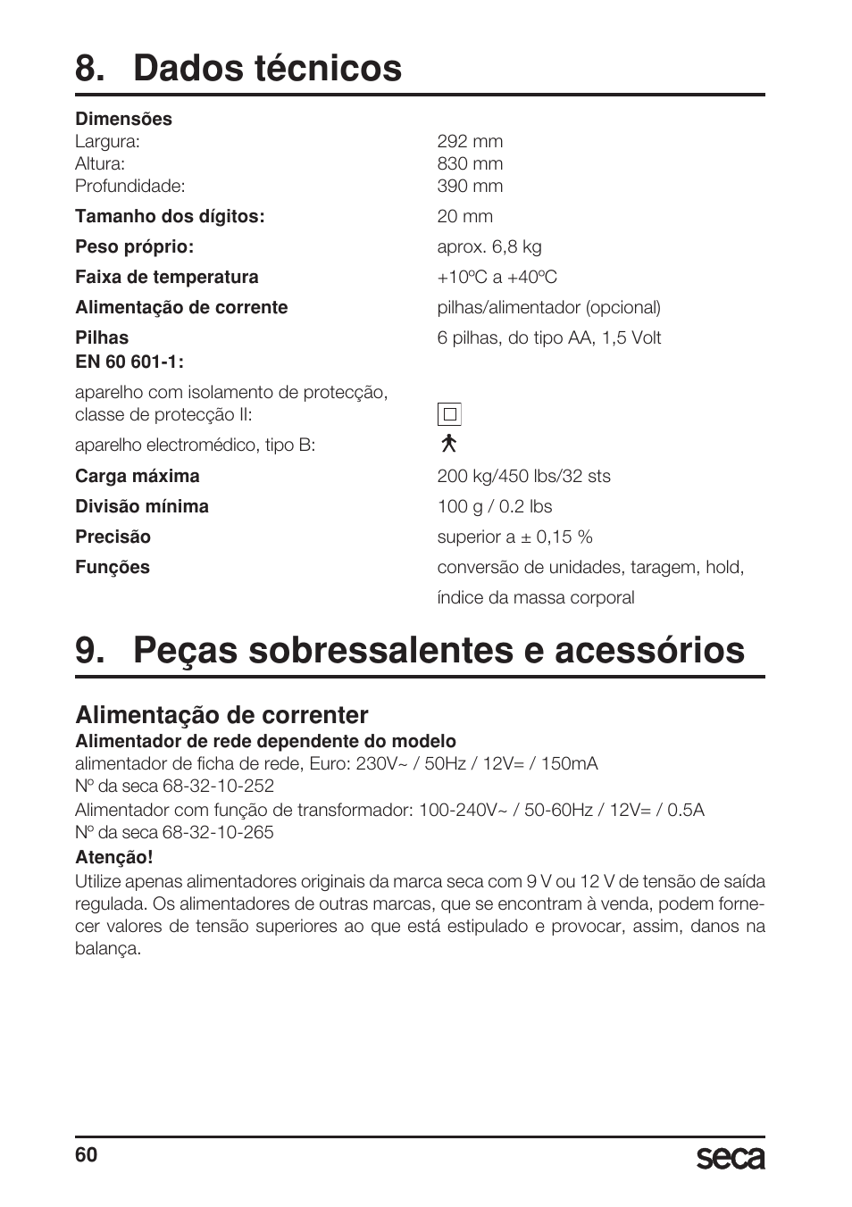 Dados técnicos, Peças sobressalentes e acessórios, Alimentação de correnter | Seca 769 User Manual | Page 60 / 76