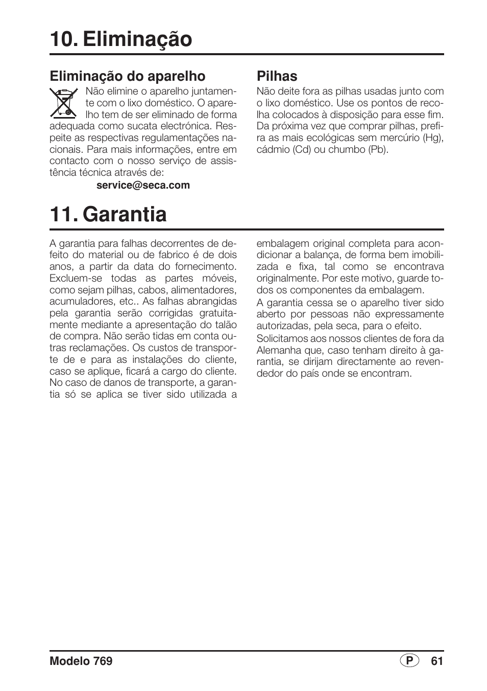 Eliminação, Eliminação do aparelho, Pilhas | Garantia | Seca 769 User Manual | Page 61 / 76