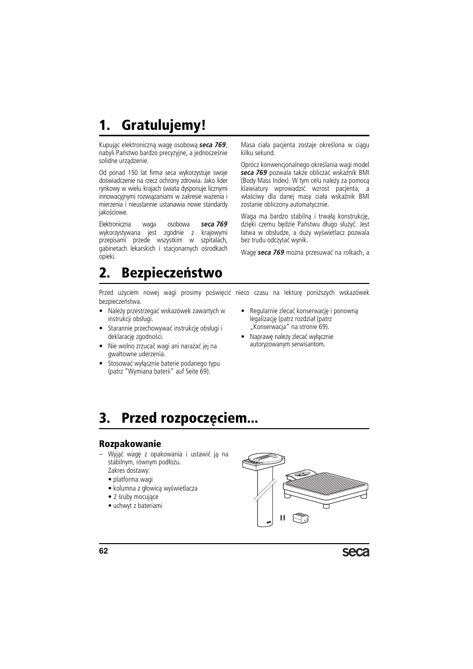 Polski, Gratulujemy, Bezpieczeństwo | Przed rozpoczęciem, Rozpakowanie | Seca 769 User Manual | Page 62 / 76