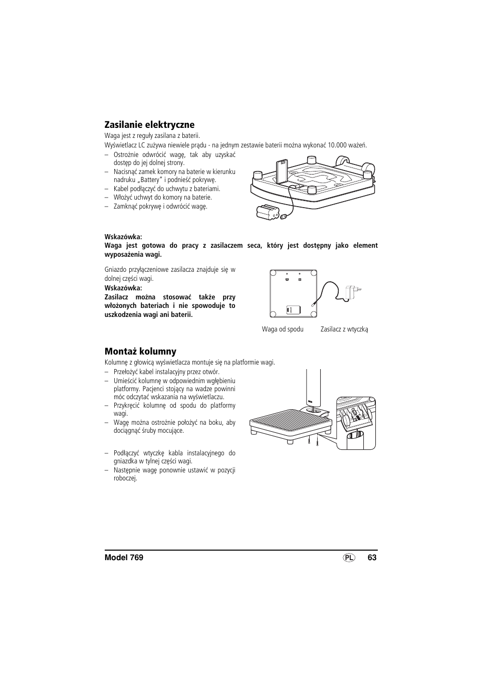 Zasilanie elektryczne, Montaż kolumny | Seca 769 User Manual | Page 63 / 76