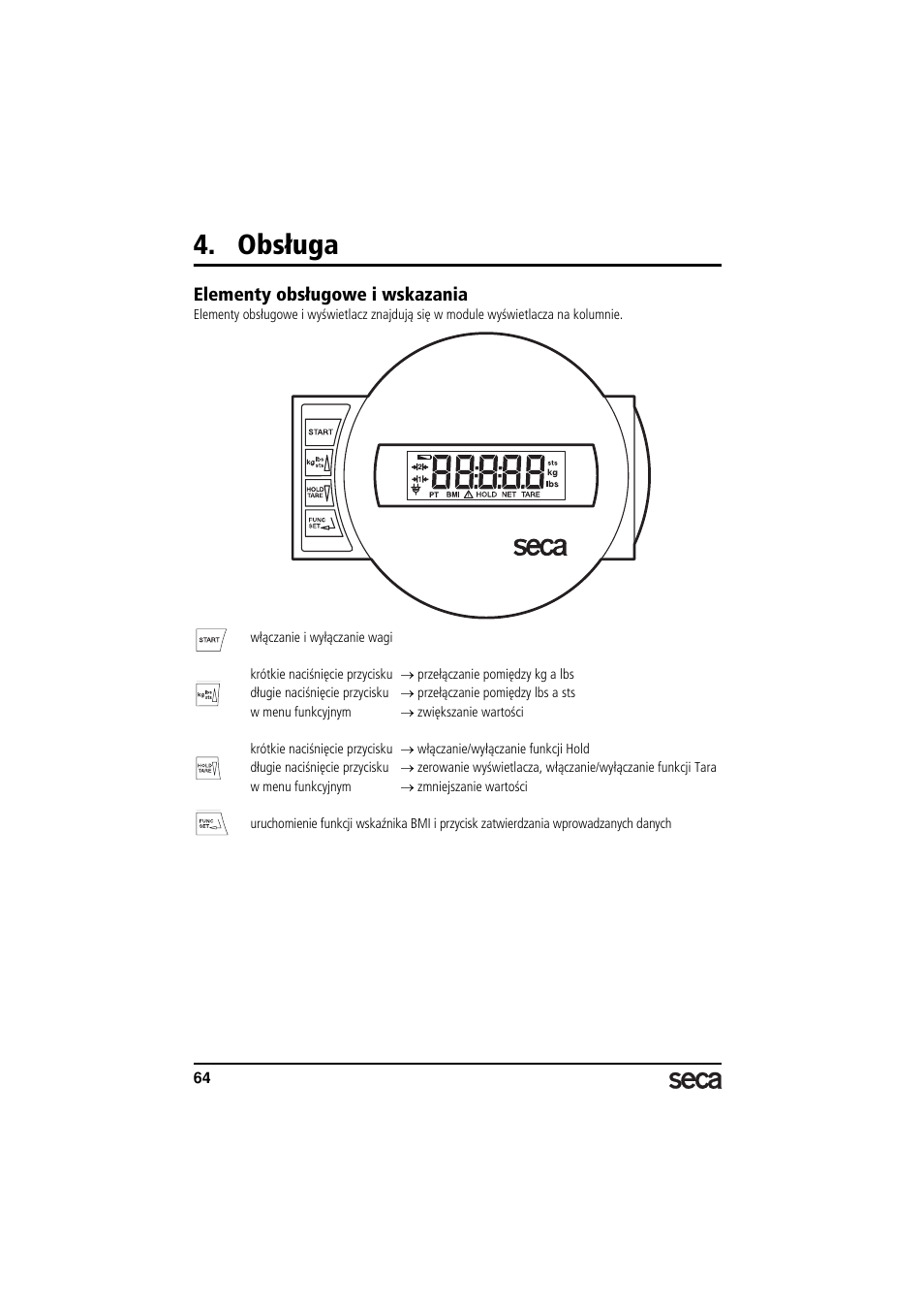 Obsługa, Elementy obsługowe i wskazania | Seca 769 User Manual | Page 64 / 76