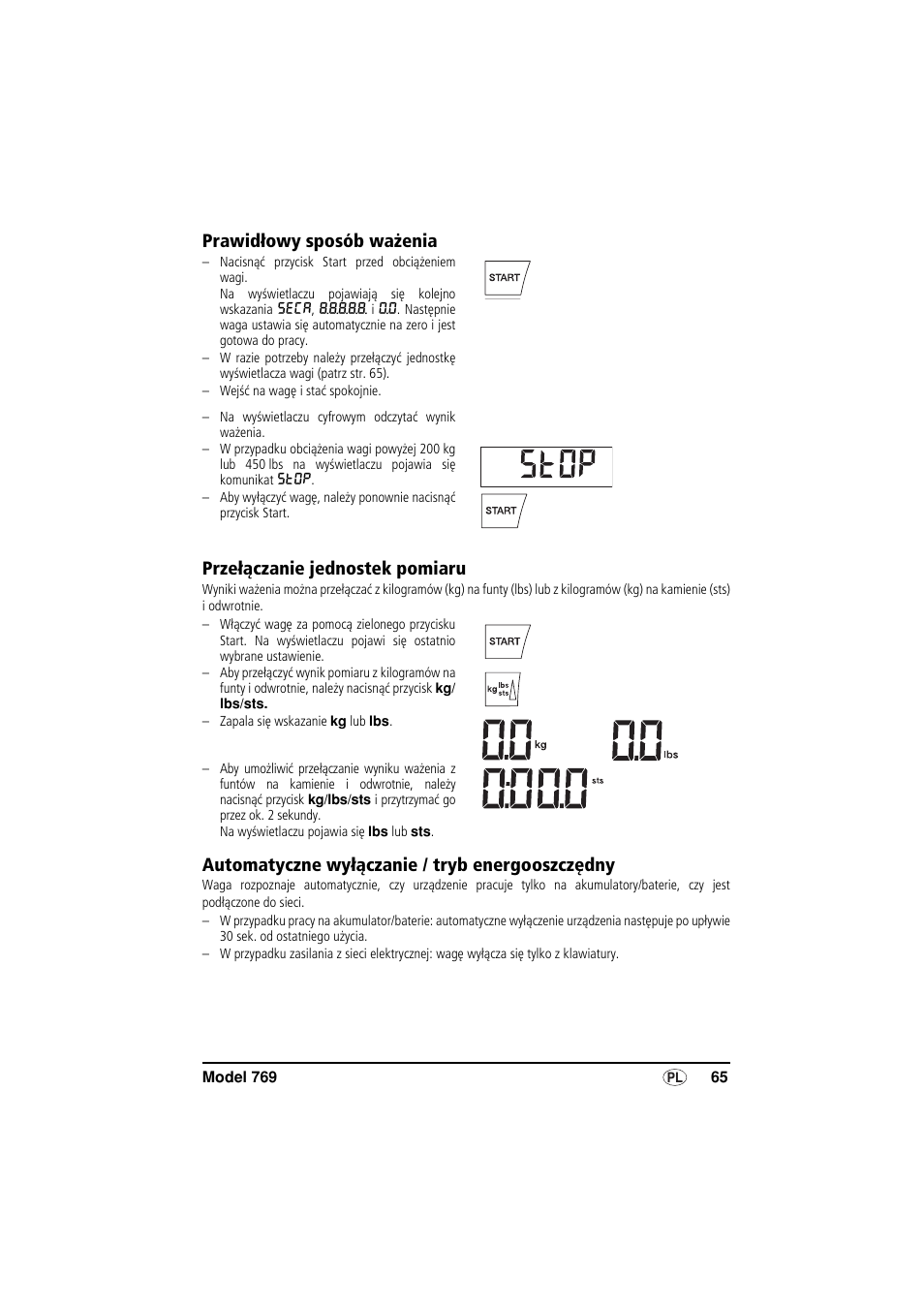 Prawidłowy sposób ważenia, Przełączanie jednostek pomiaru, Automatyczne wyłączanie / tryb energooszczędny | Seca 769 User Manual | Page 65 / 76