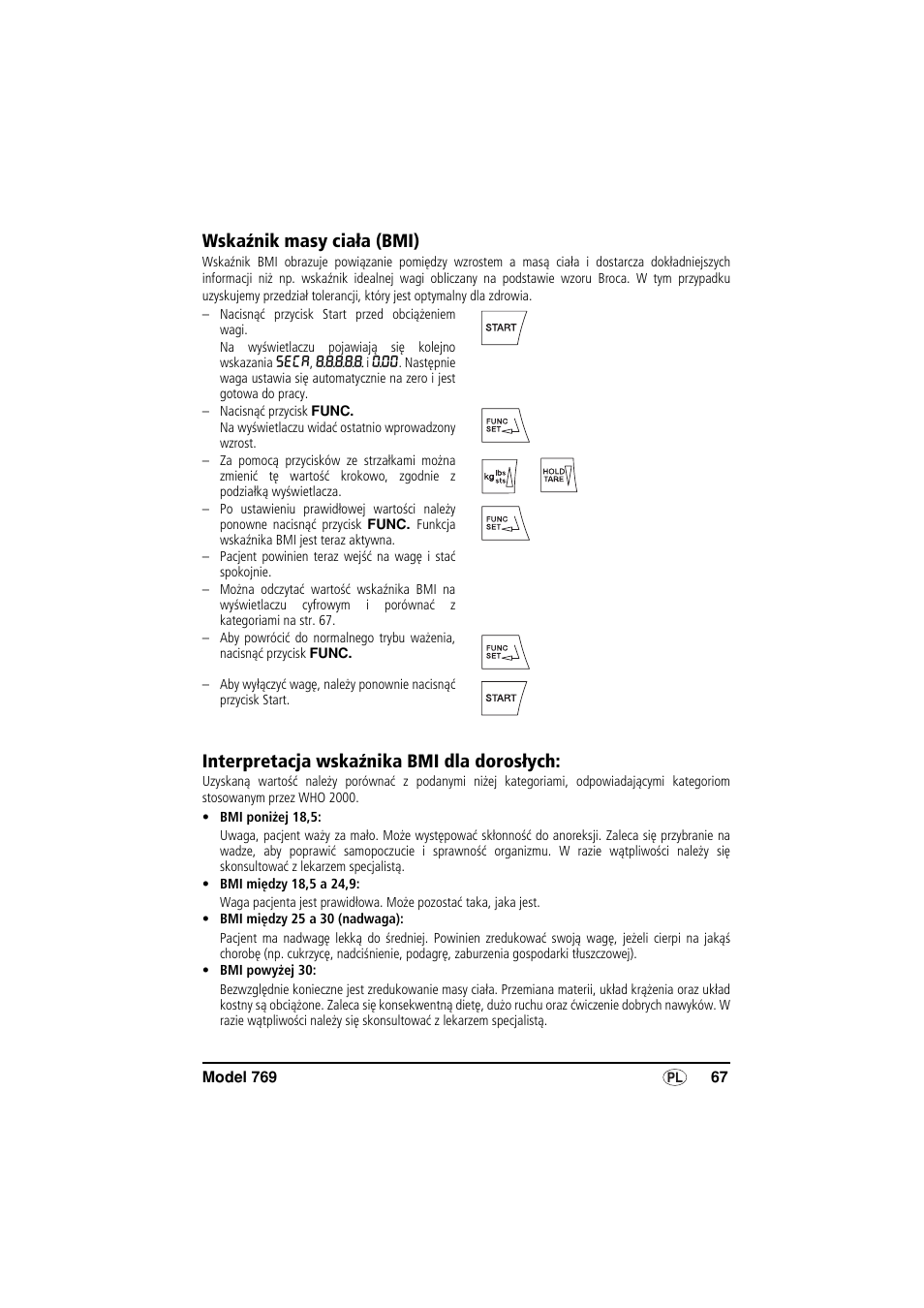 Wskaźnik masy ciała (bmi), Interpretacja wskaźnika bmi dla dorosłych | Seca 769 User Manual | Page 67 / 76