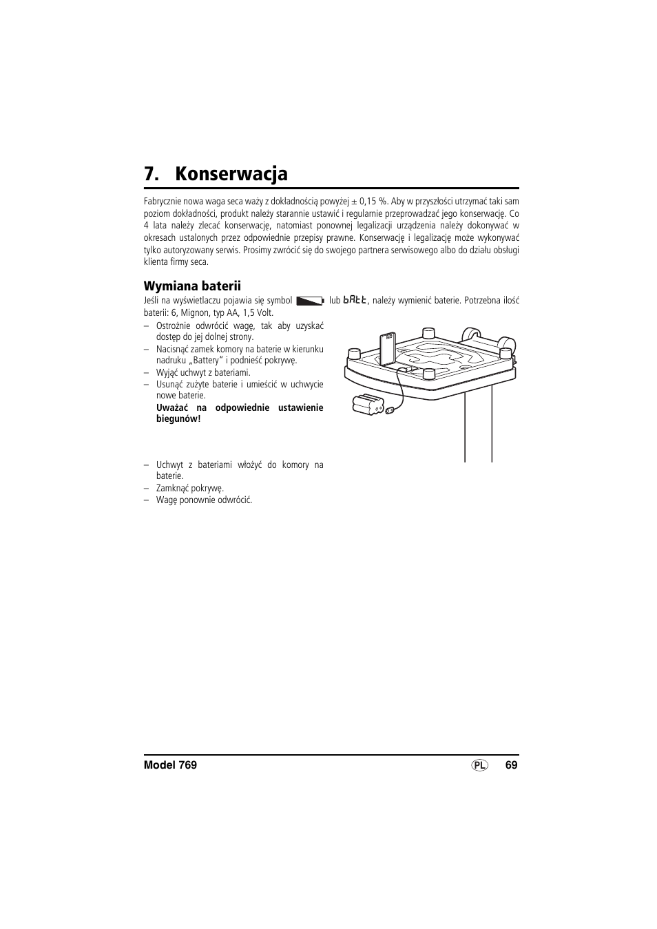 Konserwacja, Wymiana baterii | Seca 769 User Manual | Page 69 / 76