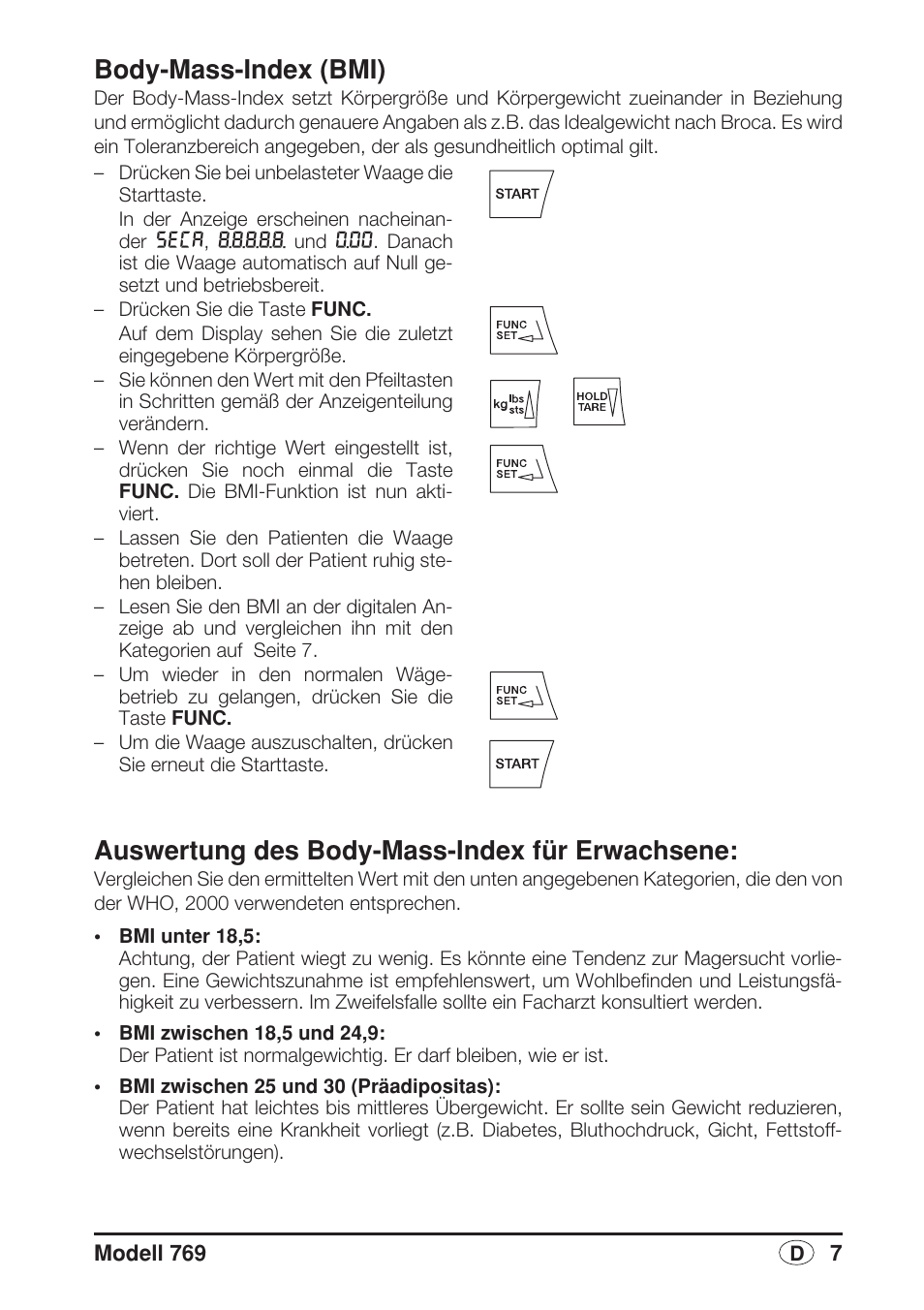 Body-mass-index (bmi), Auswertung des body-mass-index für erwachsene | Seca 769 User Manual | Page 7 / 76