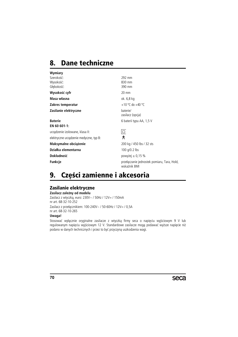Dane techniczne, Części zamienne i akcesoria, Zasilanie elektryczne | Seca 769 User Manual | Page 70 / 76