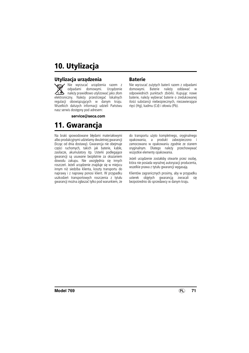 Utylizacja, Utylizacja urządzenia, Baterie | Gwarancja | Seca 769 User Manual | Page 71 / 76