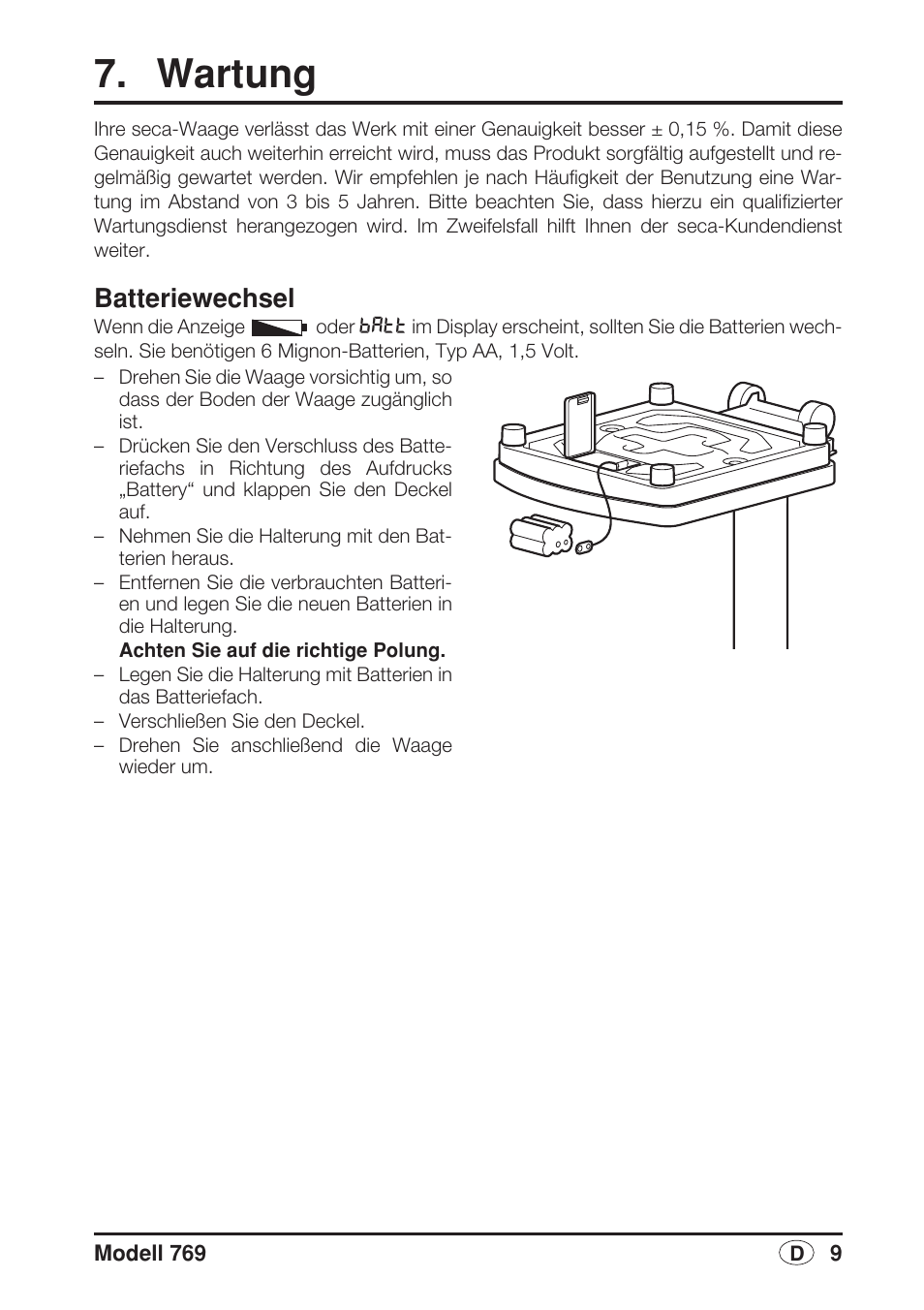 Wartung, Batteriewechsel, Gegebenen batterietyp (siehe | Batterie, Wechsel, Auf seite, Dazu kapitel | Seca 769 User Manual | Page 9 / 76