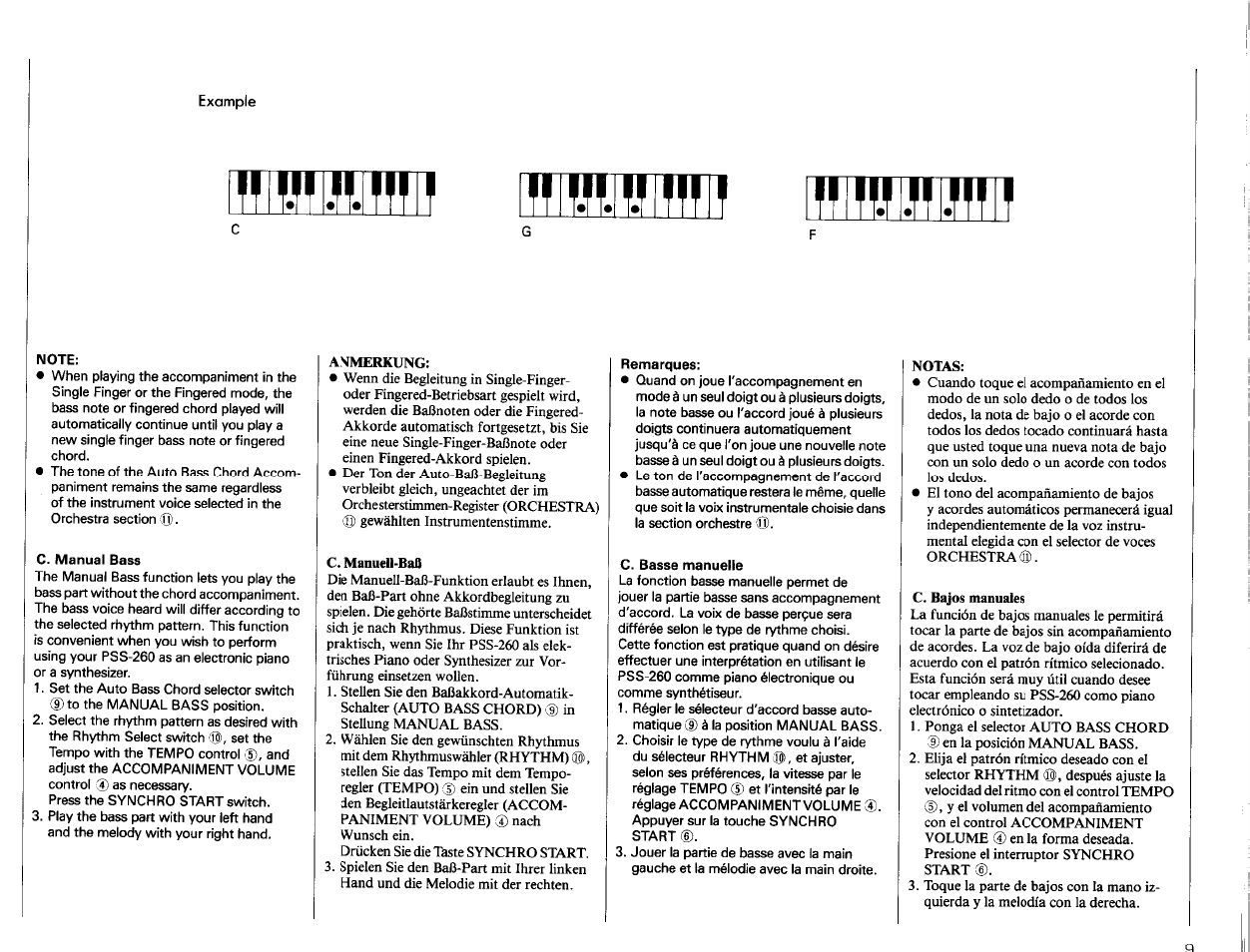 Штш ишиш ешии, Note, C. manual bass | Anmerkung, C. manueu-baß, Remarques, C. basse manuelle | Yamaha PSS-260 User Manual | Page 11 / 20