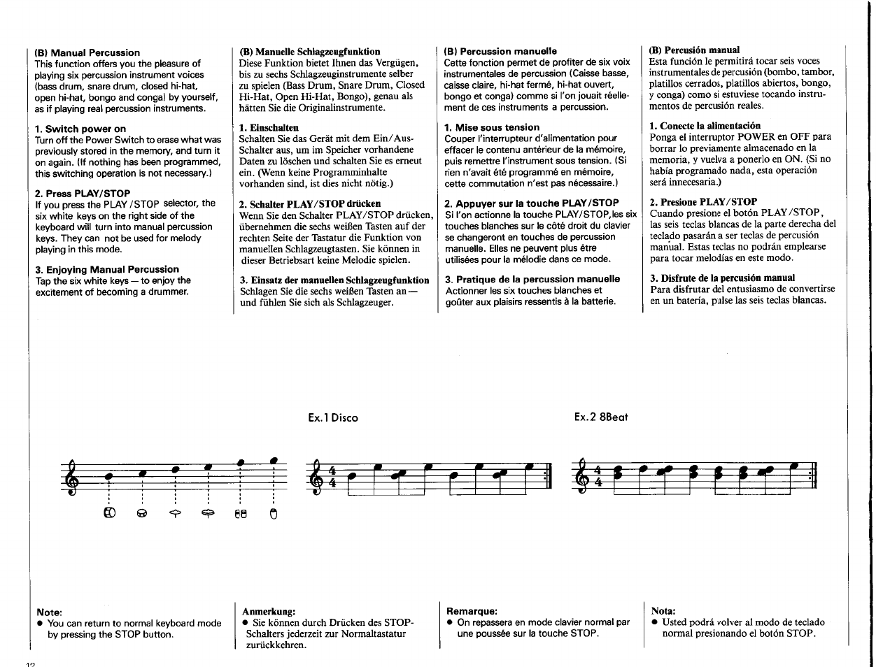 B) manual percussion, Switch power on, Press play/stop | Enjoying manual percussion, B) percussion manuelle, Mise sous tension, Appuyer sur la touche play/stop, Pratique de la percussion manuelle | Yamaha PSS-260 User Manual | Page 14 / 20